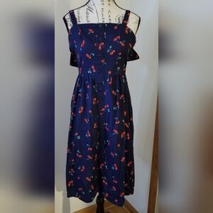 Navy Blue Sleeveless Cherry Print Button Front Midi Dress Size XS Novelty Cotton